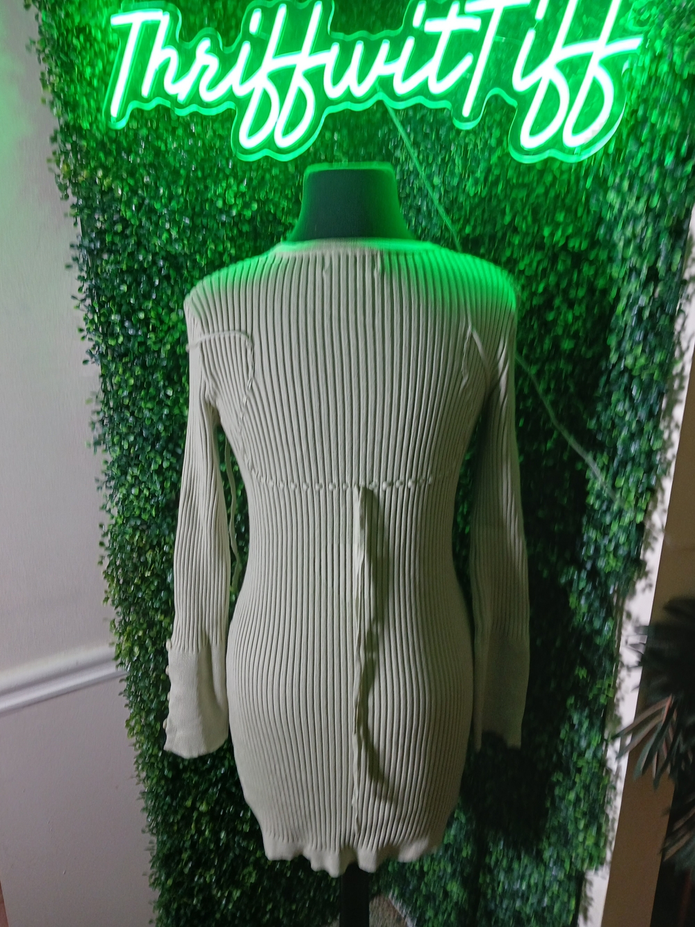 Cider Ribbed Button-Front V-Neck Cardigan Dress - Sage Green - Picture 3 of 3